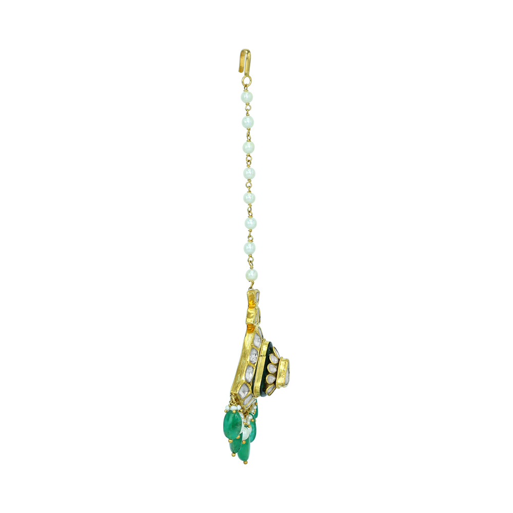 Triangular Polki Mangtikka with Emerald and Pearls